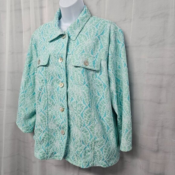 Ruby Rd. Blue Green Lace Floral Leaf Print Boho Jacket 24W - Picture 7 of 12